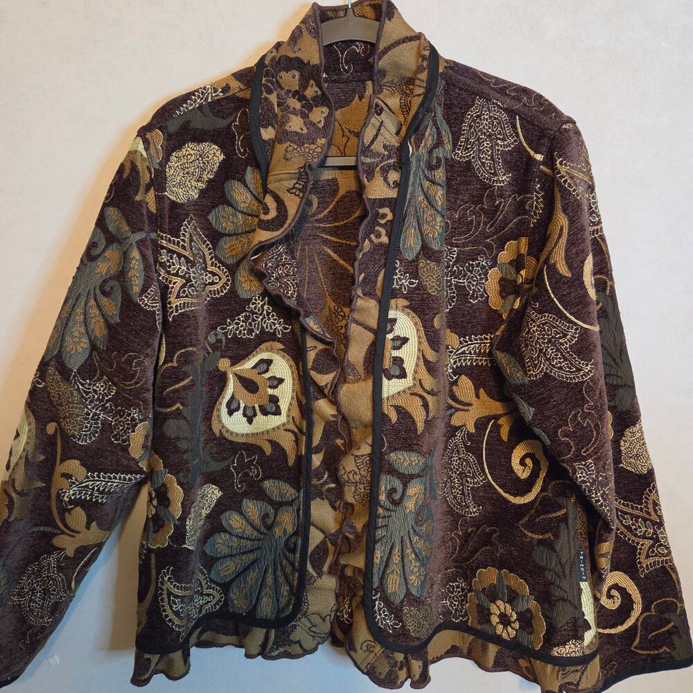 Brown Floral Brocade and Tapestry open-front jacket earth tones/teal size XL